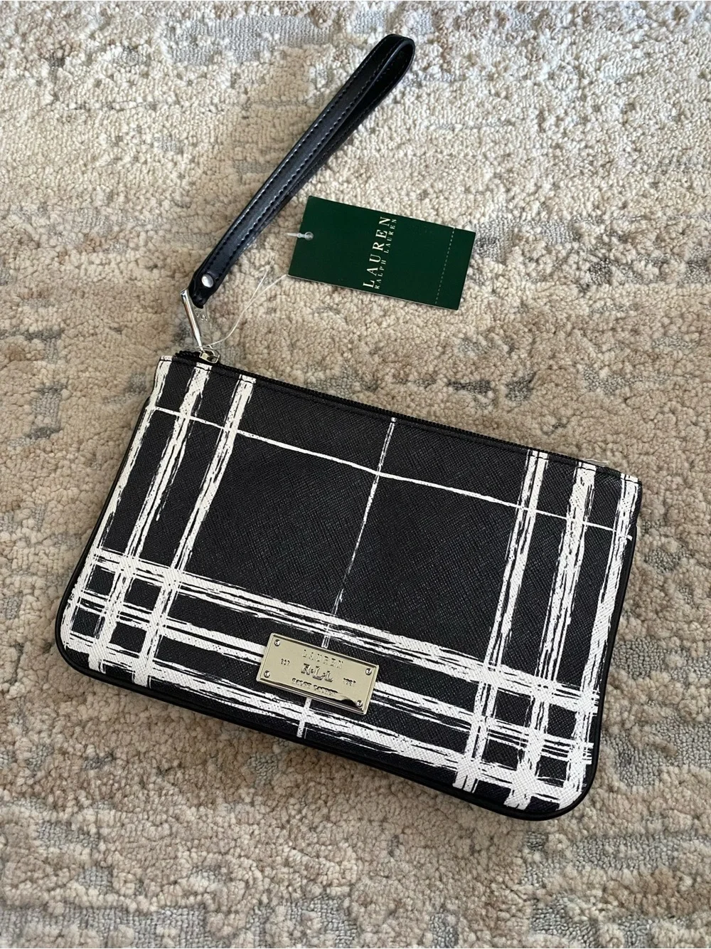 Ralph Lauren Swanfield Large Wristlet Clutch Black & White Plaid Checked Wallet